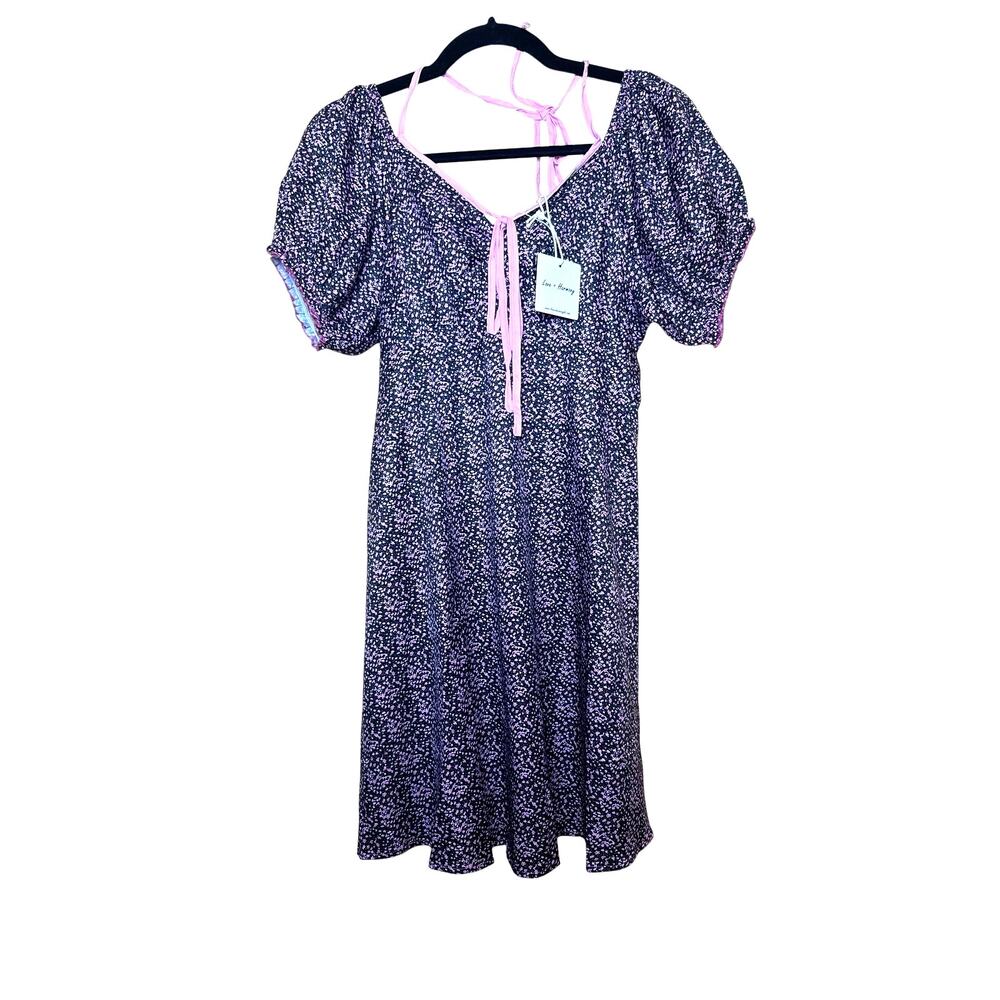 Love + Harmony Size Med Cottagecore Puff Sleeve Dress Black Floral Pink NWT